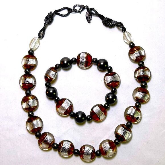 Coldwater Creek Jewelry - Coldwater Creek Brown Silver Round Flat Beaded Necklace and Bracelet